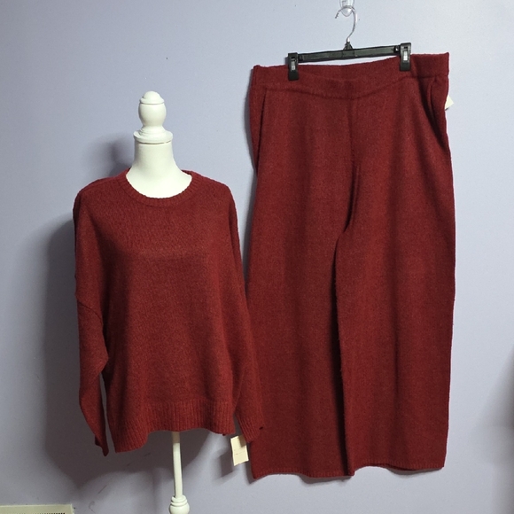 State of Day Pants - Elegant Red Women's Knit Pants & Sweater Set